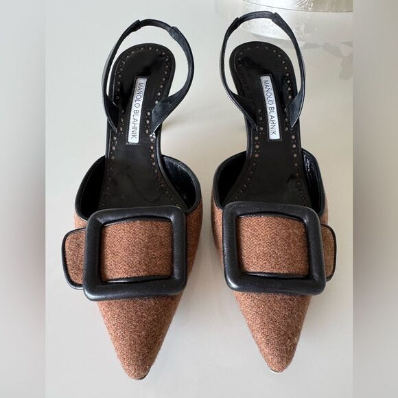 MANOLO BLAHNIK Brown Wool & Black Leather Buckle Mayslibi Heels EU 37 US 7 Shoes - Picture 3 of 10